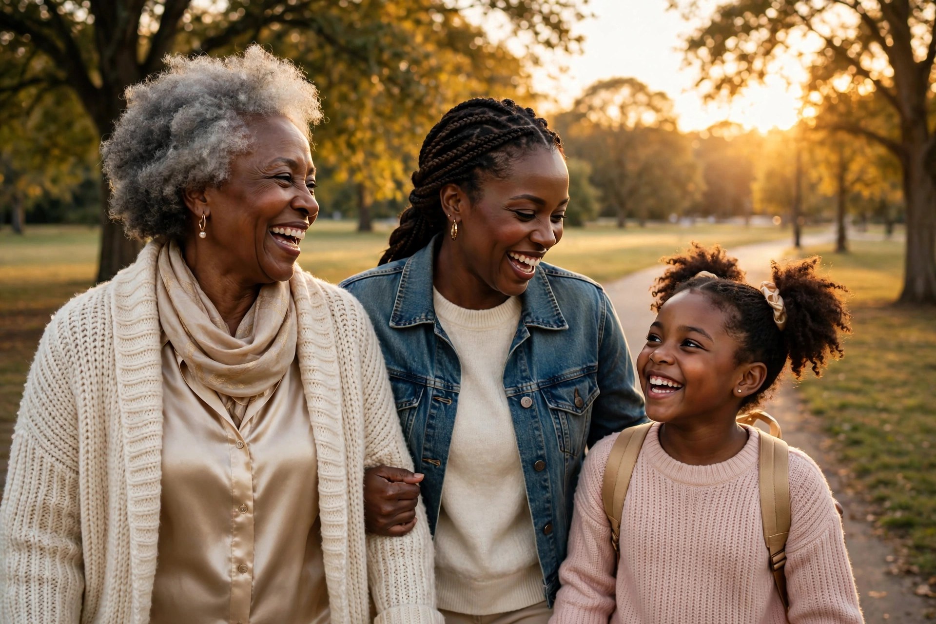 Three generations of a family walking together laughing in golden-hour light