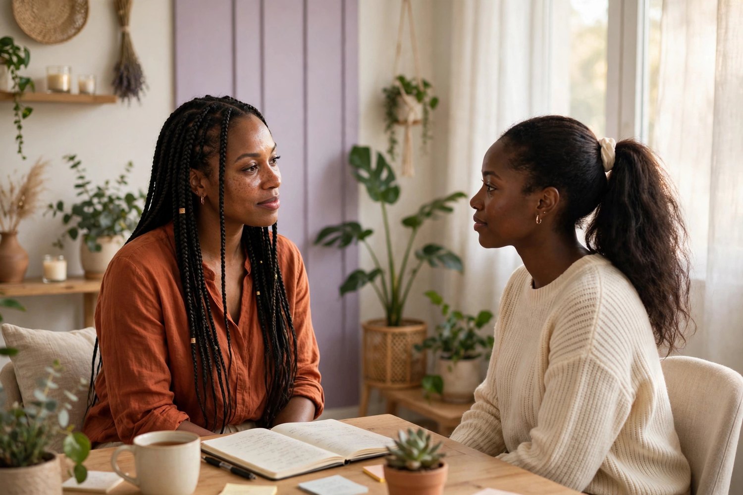 A coach and client in warm one-on-one conversation