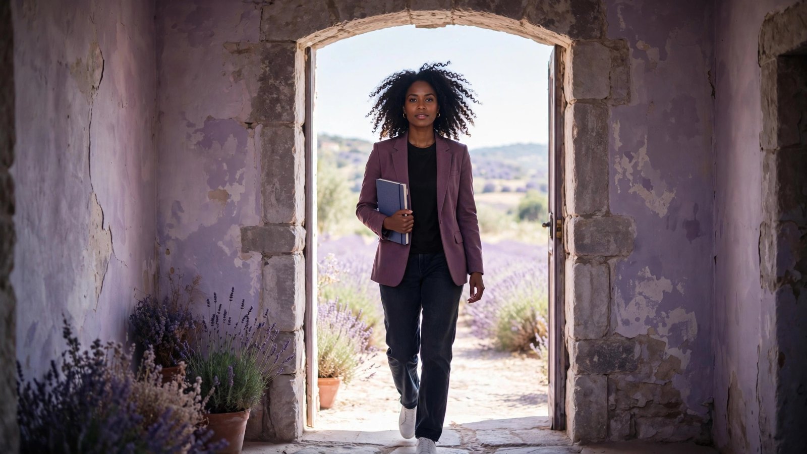 Woman stepping through a doorway with a notebook, ready to act