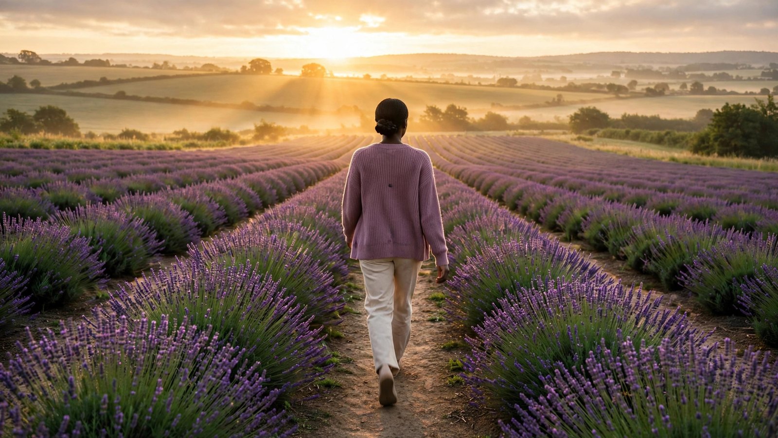 Woman walking a sunrise garden path, moving forward