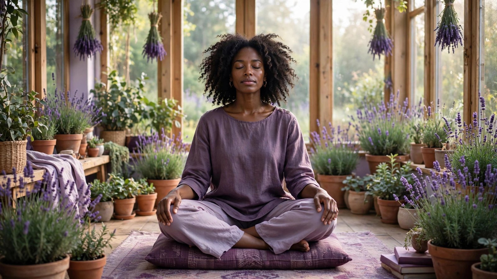 Woman sitting grounded among lavender plants in quiet reflection