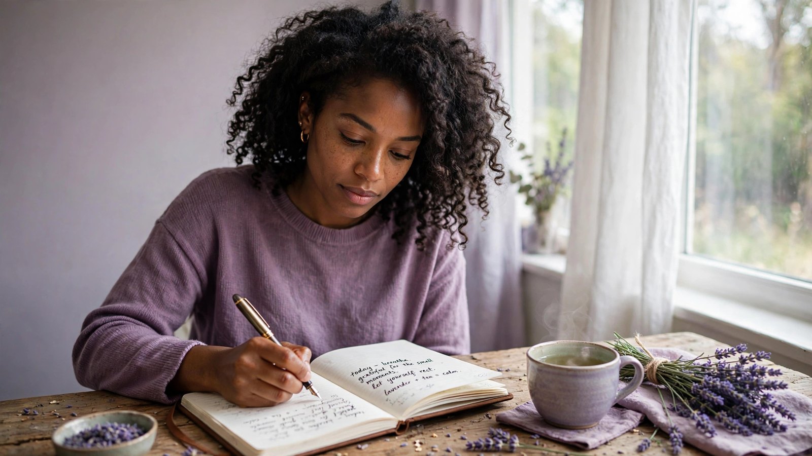 Woman writing in a journal, pausing to reflect