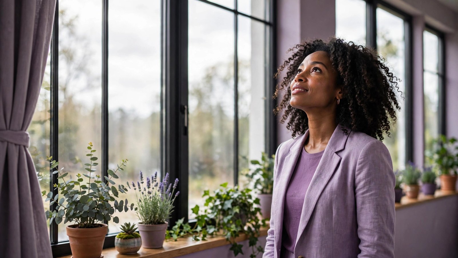 Woman looking up toward bright window light with hope