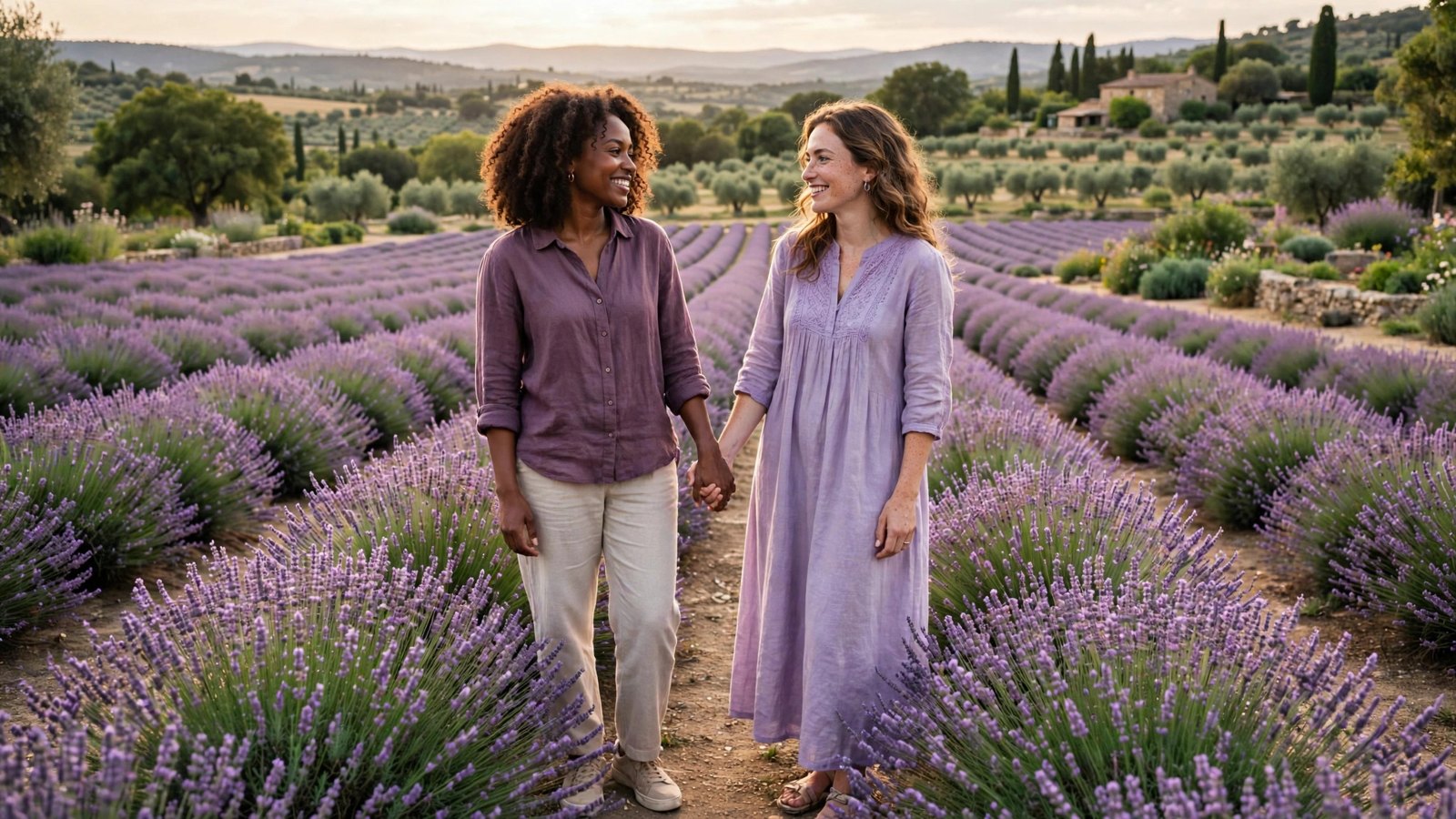 Two women holding hands in warm conversation