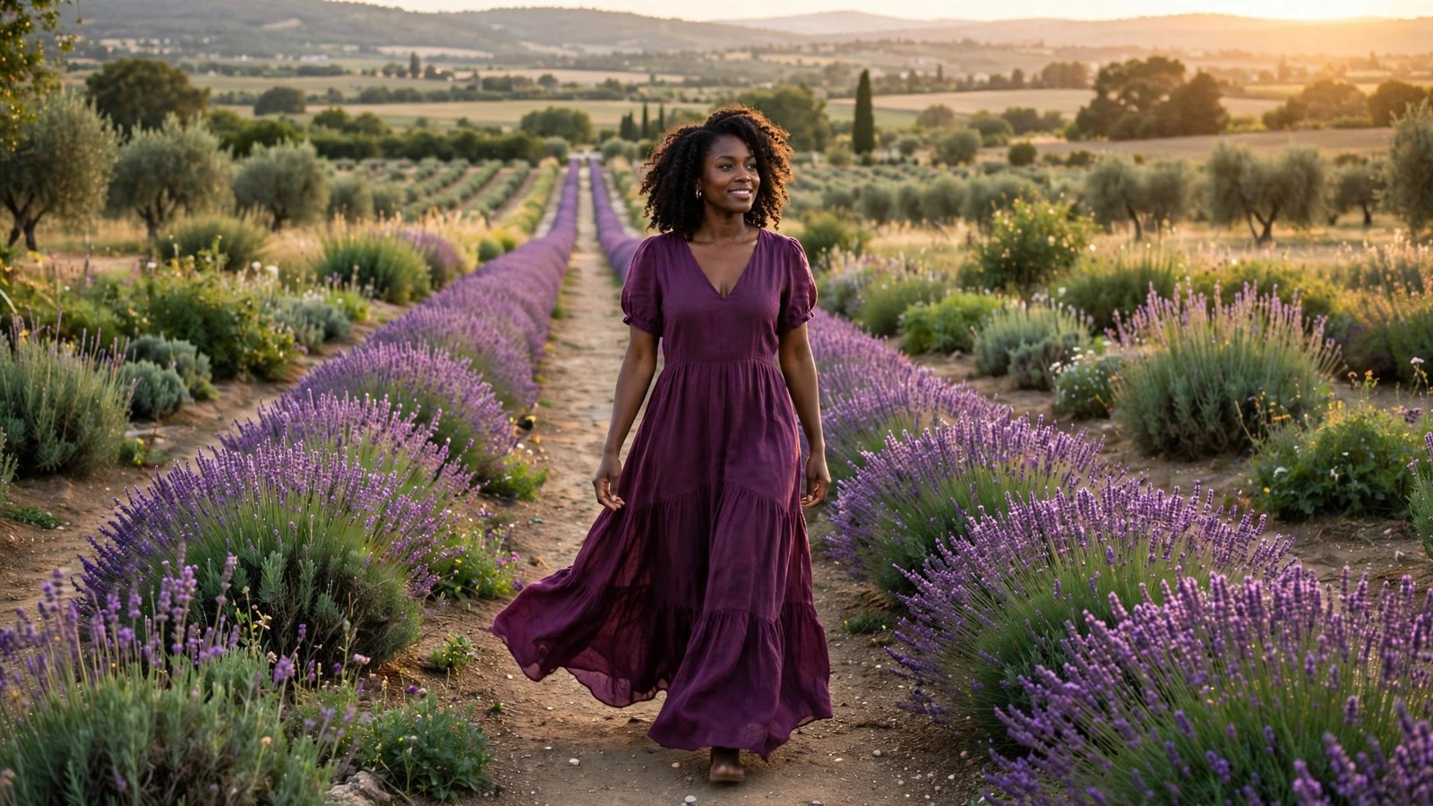 Woman walking a lavender-lined garden path in a plum dress