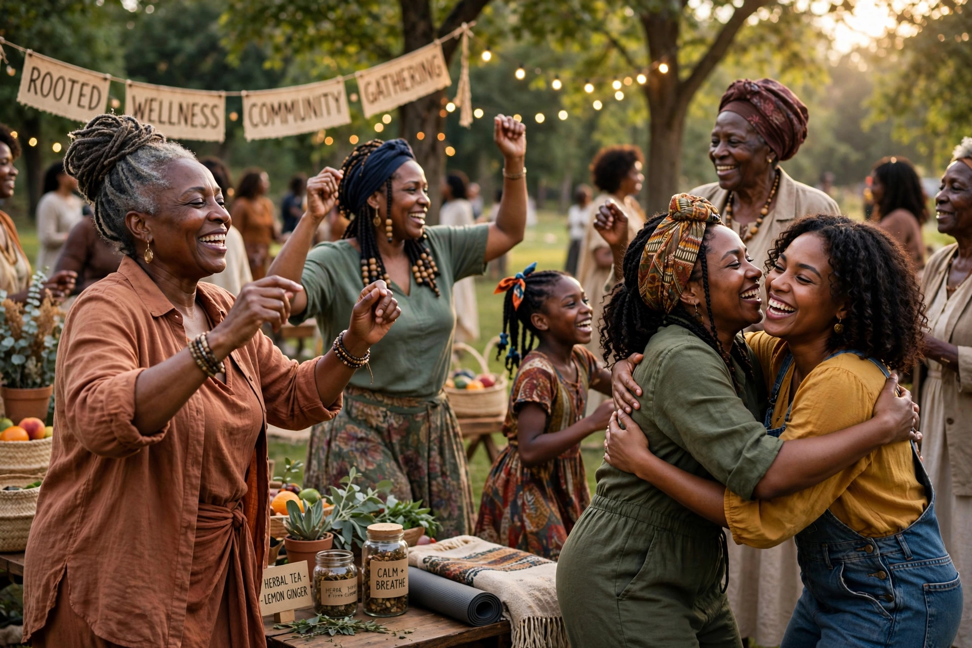 Joyful outdoor community wellness gathering