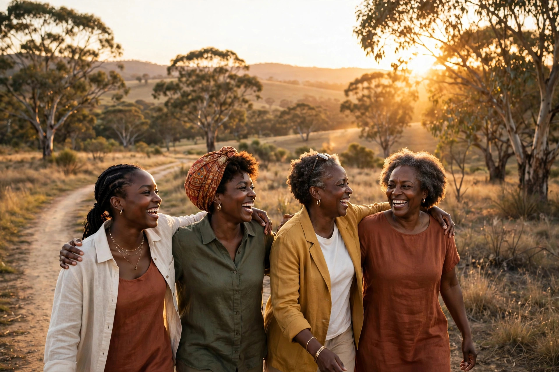 Black women of different generations laughing together on a golden-hour walk, arms around each other
