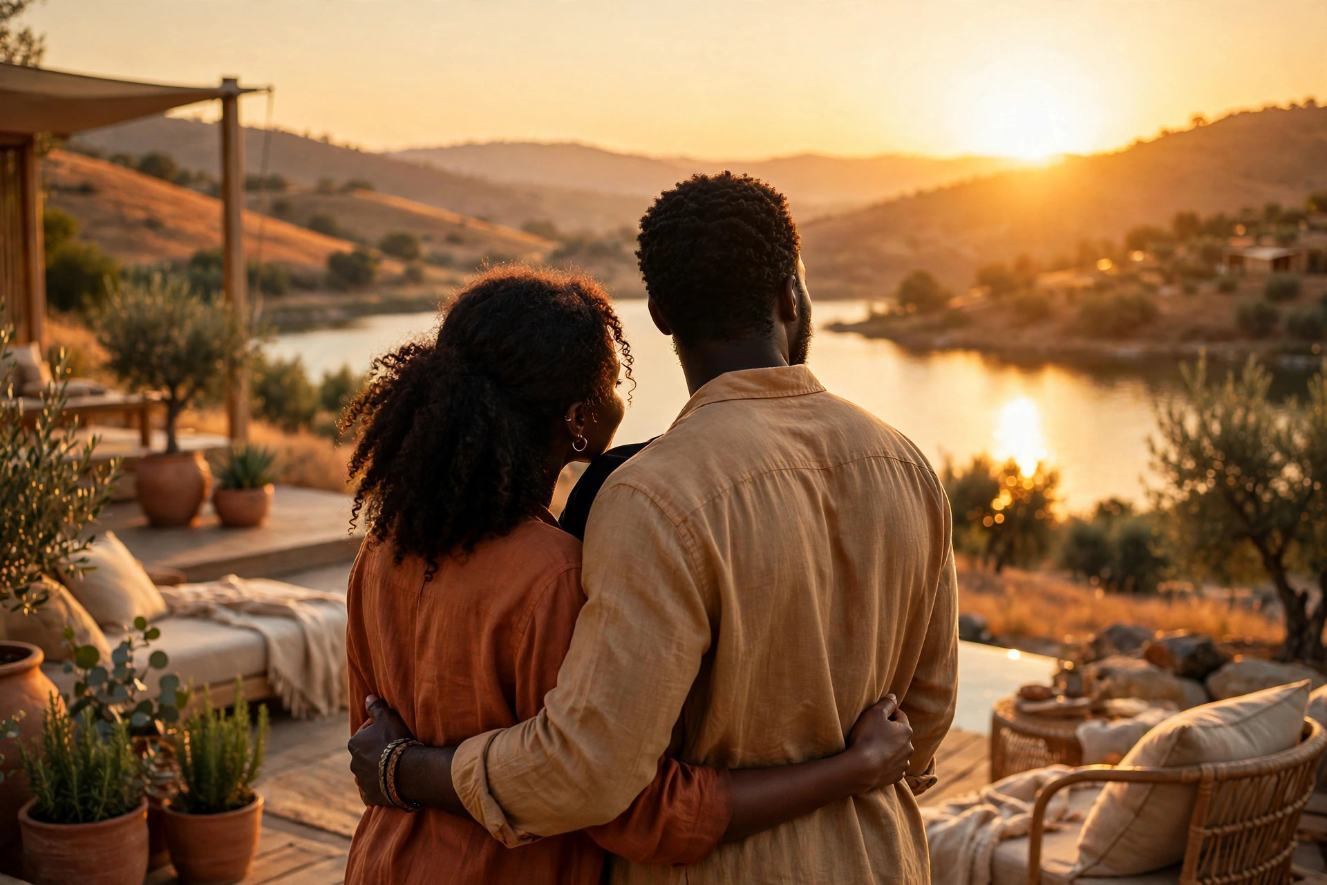Black couple watching the sunset at a retreat