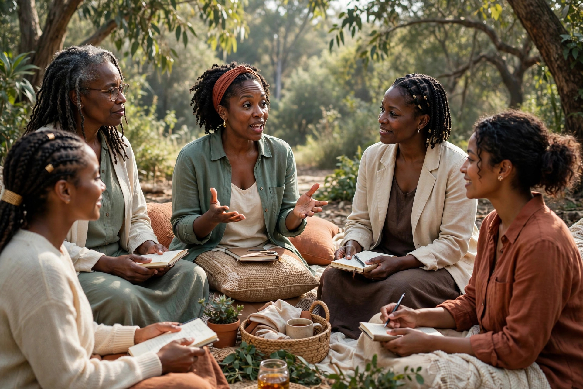 Black women in a circle at an outdoor wellness retreat