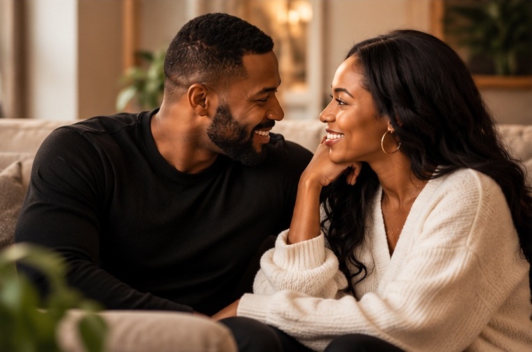 Black couple smiling at each other on a sofa in warm conversation